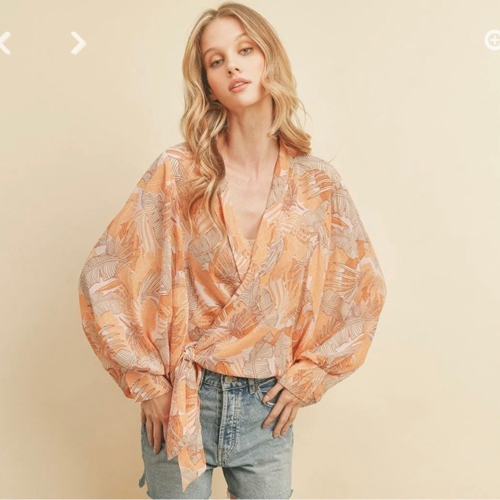 Dress Forum Front tie long cuff sleeve tropical Flowy Oversize Retro Boho Beach